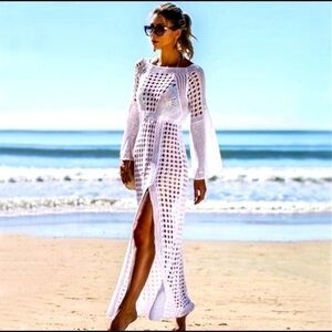 Crochet Knit Beach Hollow Cover up Maxi dr…